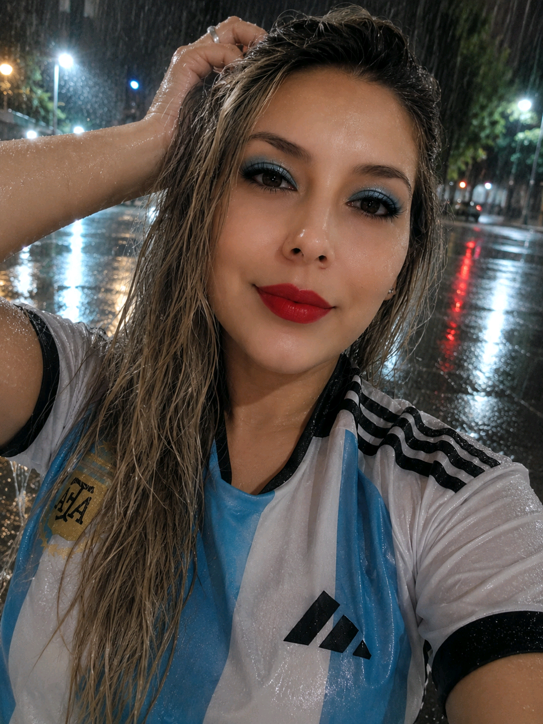 A woman in a football shirt on a rainy street at night